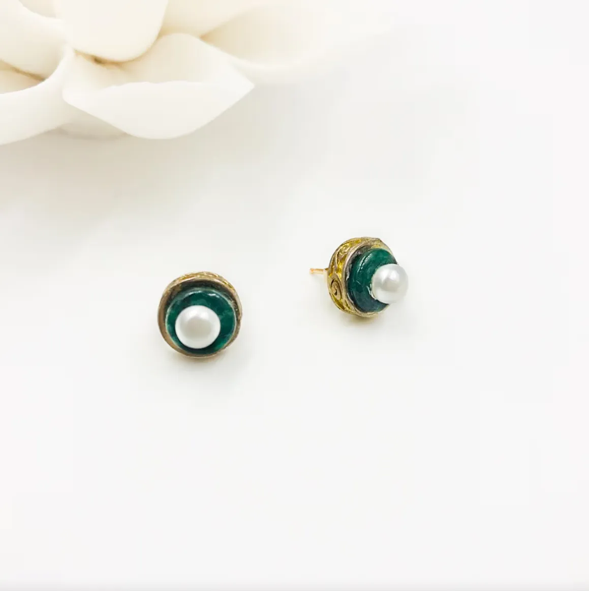 Vintage Style Jade and Pearl Studs