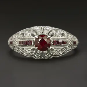 VINTAGE STYLE RUBY DIAMOND COCKTAIL RING 14k WHITE GOLD ART DECO DOME NATURAL