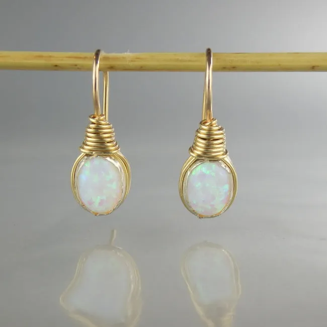 Wire Wrapped Oval Opal Earrings